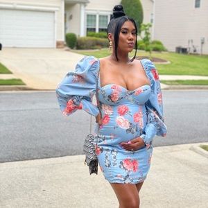 Mikan Baby Blue Floral Print Padded Cups Mini Dress